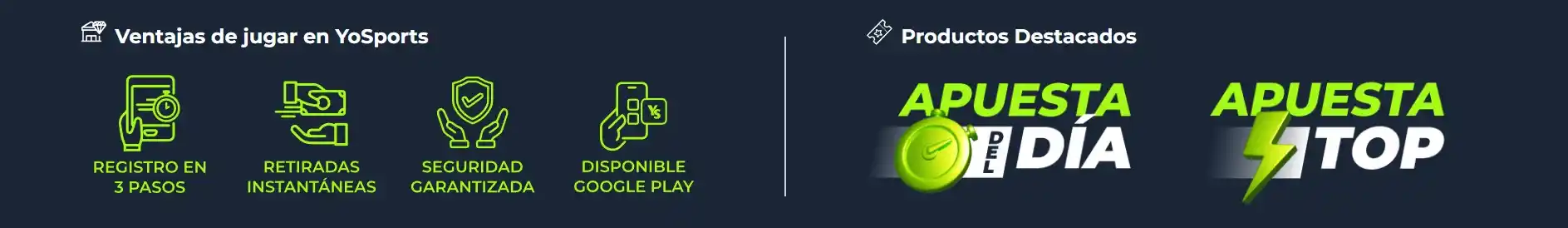 Ventajas de YoSports: registro rápido, retiradas instantáneas, seguridad y promociones.