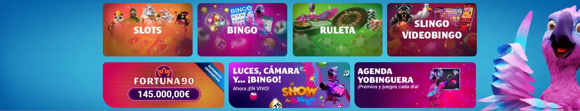 Categorías de juegos en YoBingo: slots, bingo, ruleta y slingo.