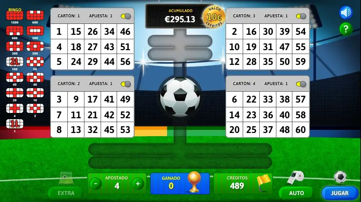Cartones de bingo online en temática de fútbol en YoBingo.